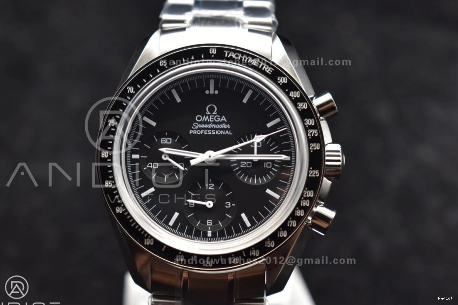 OMF on Manual Sapphire SS Transparent Winding Black with SS MoonWatch Movement Dial Chrono Speedmaster Bracelet Back Crystal 0401